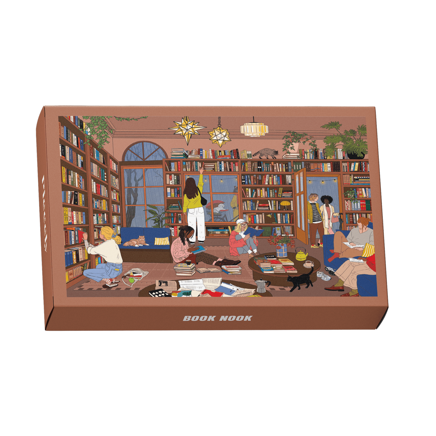 99-Teile-Mini-Puzzle „Book Nook“ von Piecely – Illustration eines gemütlichen Leseraums mit Bücherregalen und Menschen beim Lesen, auf brauner Verpackung.