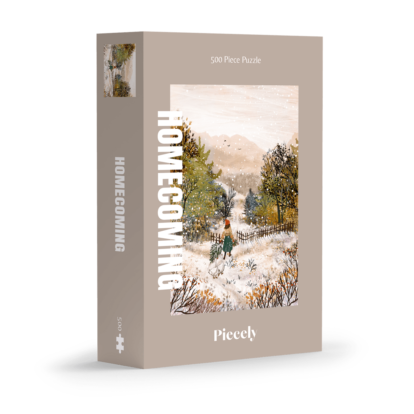 500-Teile-Puzzle „Homecoming“ von Piecely – Illustration einer winterlichen Landschaft mit Frau und zwei Gänsen auf einem verschneiten Weg, auf grauer Verpackung.