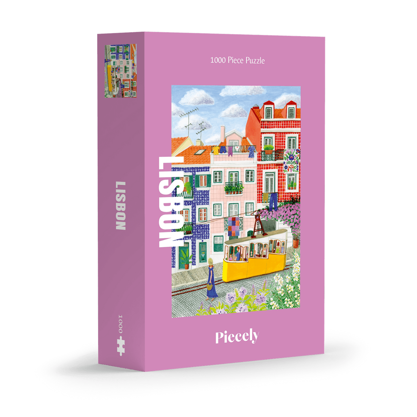 1000-Teile-Puzzle „Lisbon“ von Piecely – Illustration einer farbenfrohen Straßenszene in Lissabon mit gelber Straßenbahn und bunten Häusern, auf pinker Verpackung.