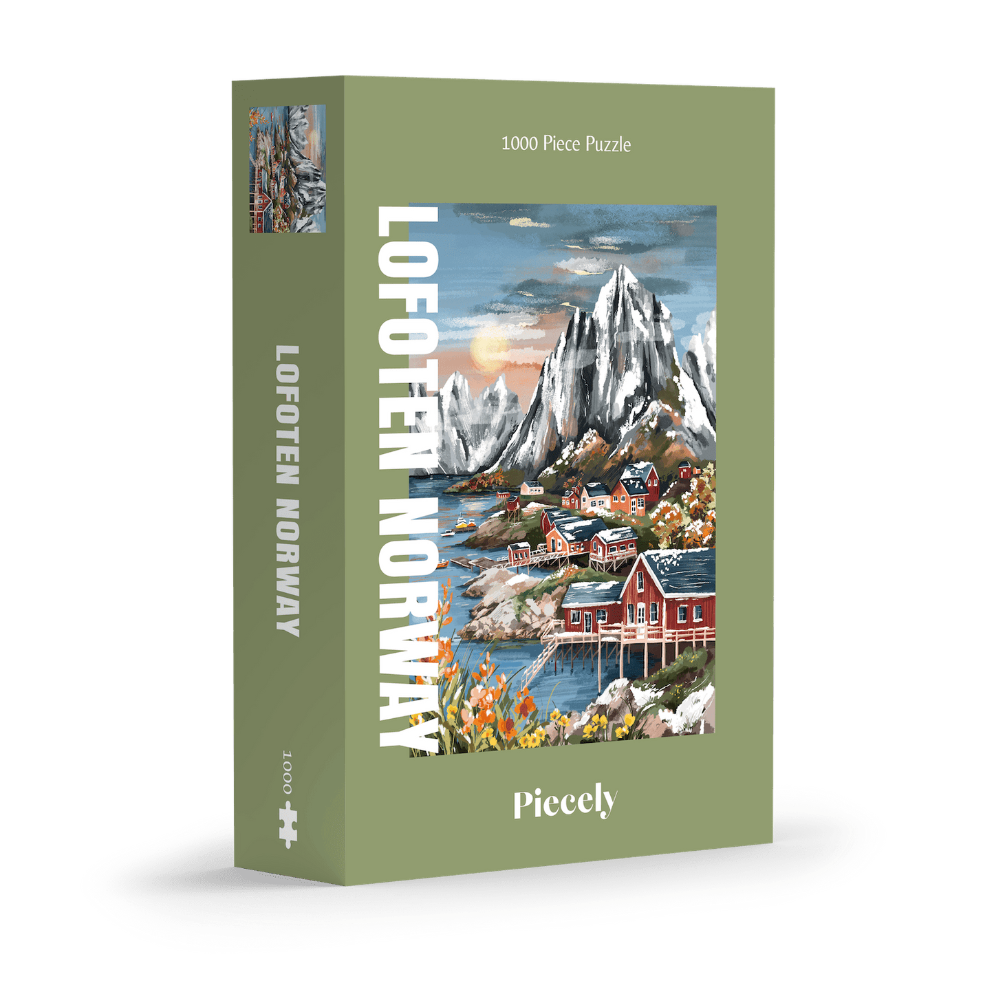 1000-Teile-Puzzle „Lofoten Norway“ von Piecely – Illustration einer norwegischen Küstenlandschaft mit schneebedeckten Bergen, roten Holzhäusern und Meer, auf olivgrüner Verpackung.