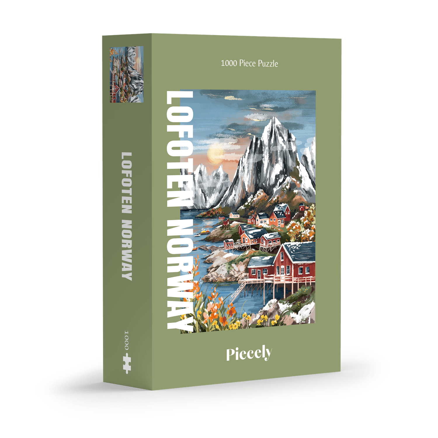 1000-Teile-Puzzle „Lofoten Norway“ von Piecely – Illustration einer norwegischen Küstenlandschaft mit schneebedeckten Bergen, roten Holzhäusern und Meer, auf olivgrüner Verpackung.