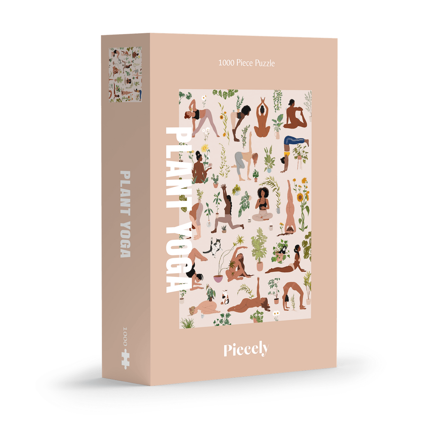 Die Verpackung des 1000-teiligen Puzzles „Plant Yoga“ von Piecely zeigt eine sanfte rosa Box mit einer Illustration im Zentrum. Abgebildet sind zahlreiche Frauen mit unterschiedlichen Hauttönen in verschiedenen Yoga-Posen, umgeben von Zimmerpflanzen, Blättern und Töpfen. Die Szene wirkt ruhig, modern und vielfältig. Der Titel „Plant Yoga“ steht groß in weißer Schrift vertikal am linken Rand der Vorderseite.