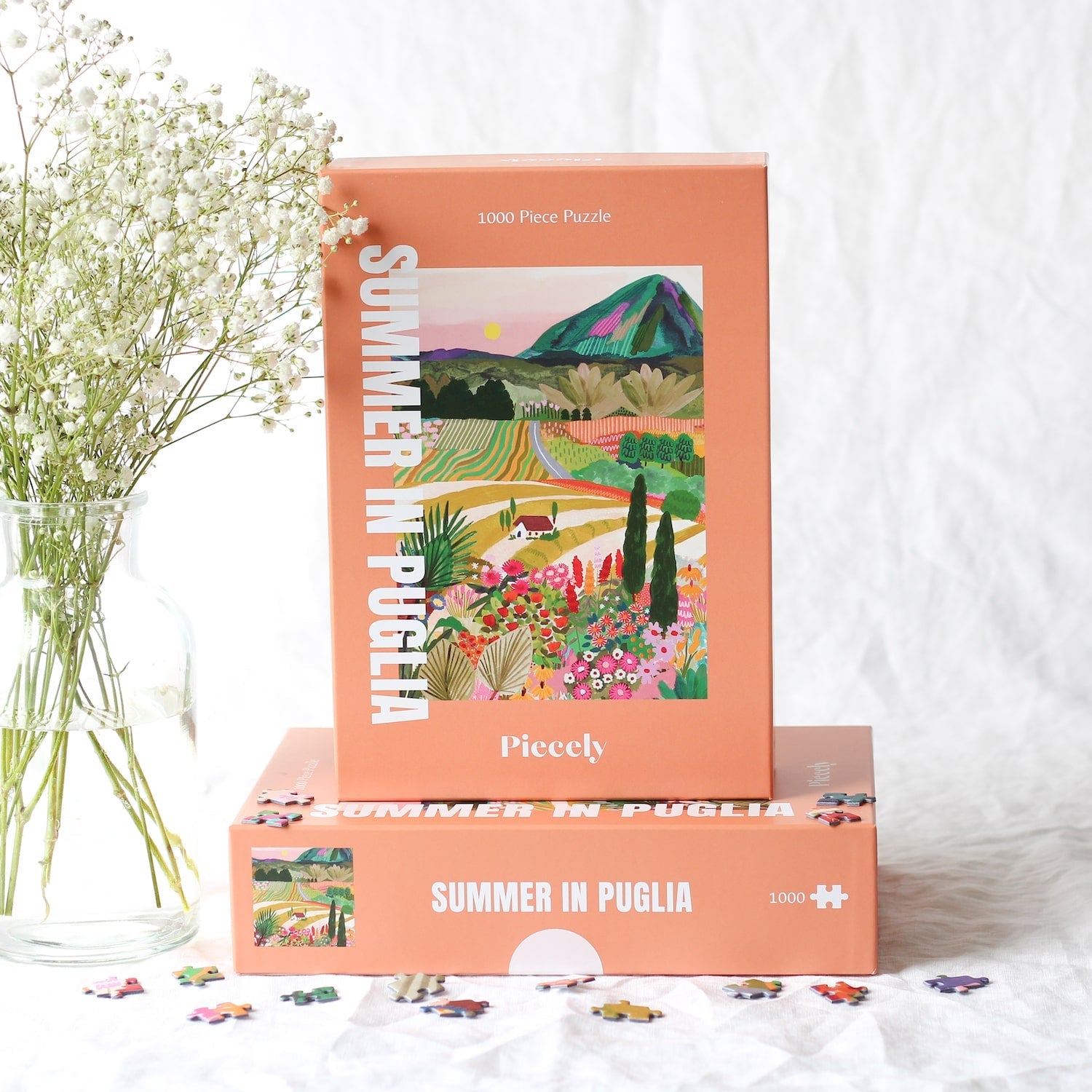 Außergewöhnliches 1000-Teile-Puzzle für Erwachsene, das die sommerliche Landschaft Apuliens in Italien zeigt. Zu sehen sind blühende Felder, Ein Berg und ein kleines Haus.