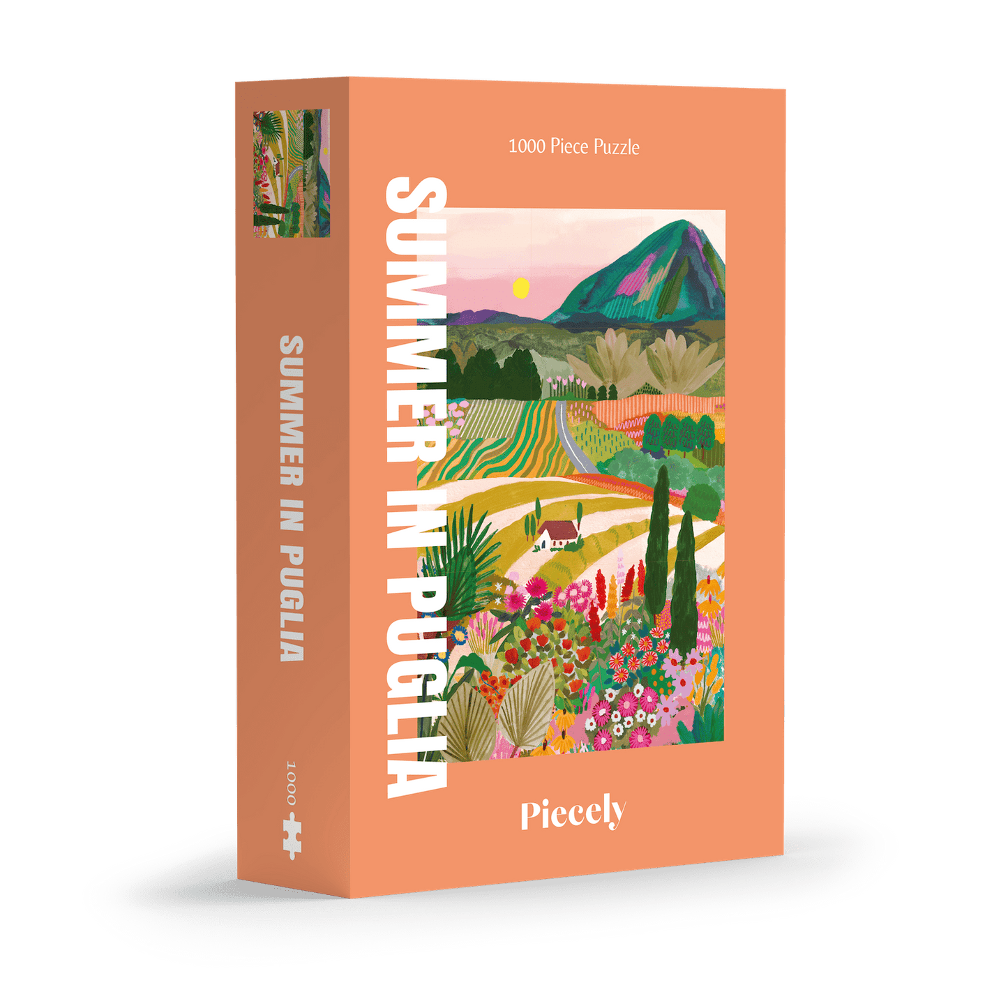 Außergewöhnliches 1000-Teile-Puzzle für Erwachsene, das die sommerliche Landschaft Apuliens in Italien zeigt. Zu sehen sind blühende Felder, Ein Berg und ein kleines Haus.