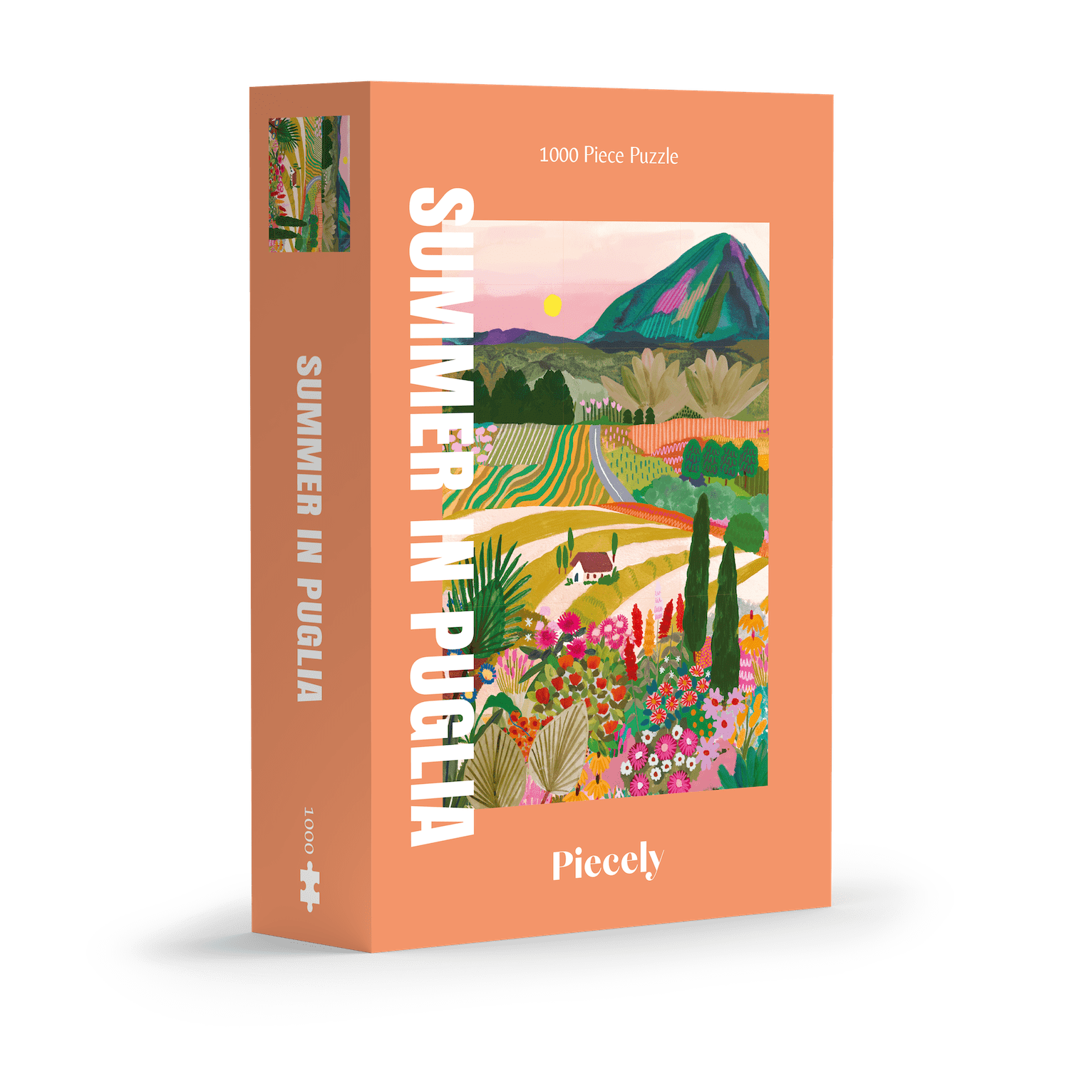 Außergewöhnliches 1000-Teile-Puzzle für Erwachsene, das die sommerliche Landschaft Apuliens in Italien zeigt. Zu sehen sind blühende Felder, Ein Berg und ein kleines Haus.