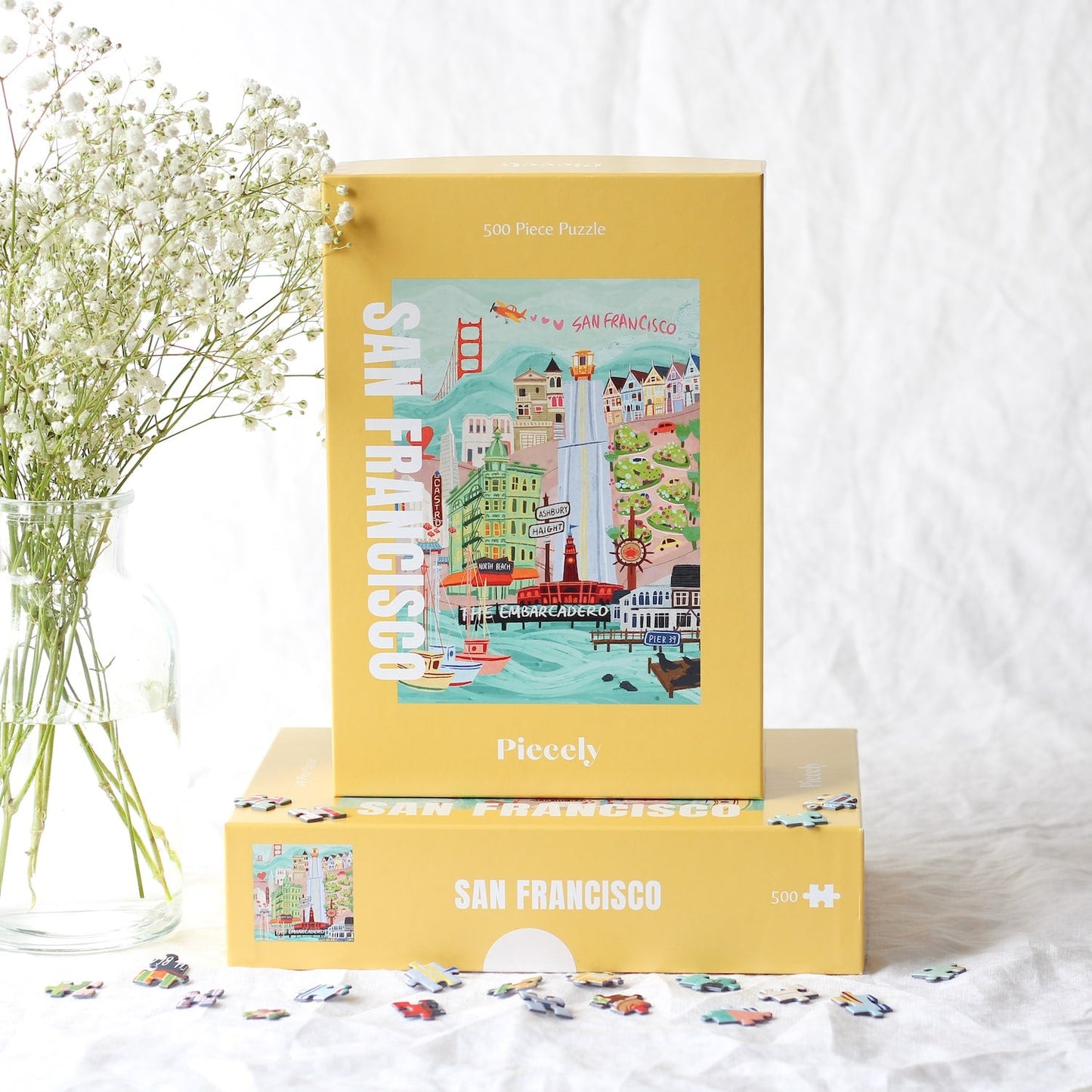 Außergewöhnliches 500-Teile-Puzzle für Erwachsene, das die Stadt Francisco, inklusive Painted Ladies, den Hafen und die Golden Gate Bridge zeigt.