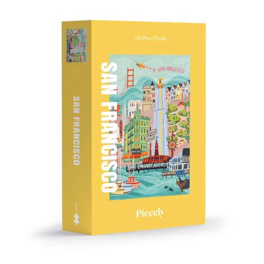 Außergewöhnliches 500-Teile-Puzzle für Erwachsene, das die Stadt Francisco, inklusive Painted Ladies, den Hafen und die Golden Gate Bridge zeigt.