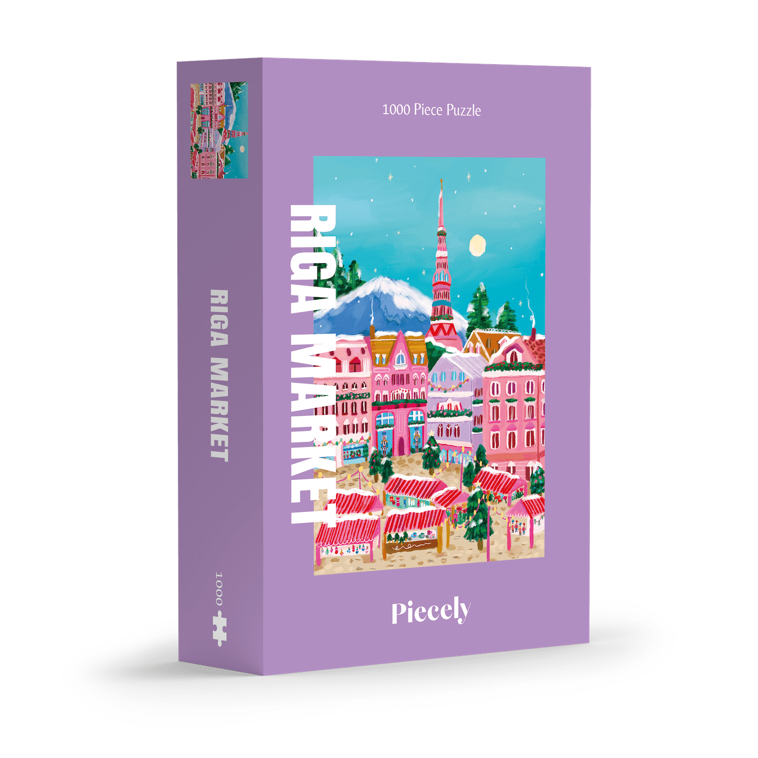 Die Verpackung des 1000-teiligen Puzzles „Riga Market“ von Piecely ist in Lila gehalten. Die Illustration zeigt einen farbenfrohen Weihnachtsmarkt mit roten Marktständen vor bunten Häusern und einer hohen Kirchturmspitze. Im Hintergrund liegt Schnee auf den Dächern, und ein heller Vollmond leuchtet am blauen Himmel. Der Titel „RIGA MARKET“ steht groß und weiß vertikal am linken Rand der Vorderseite.
