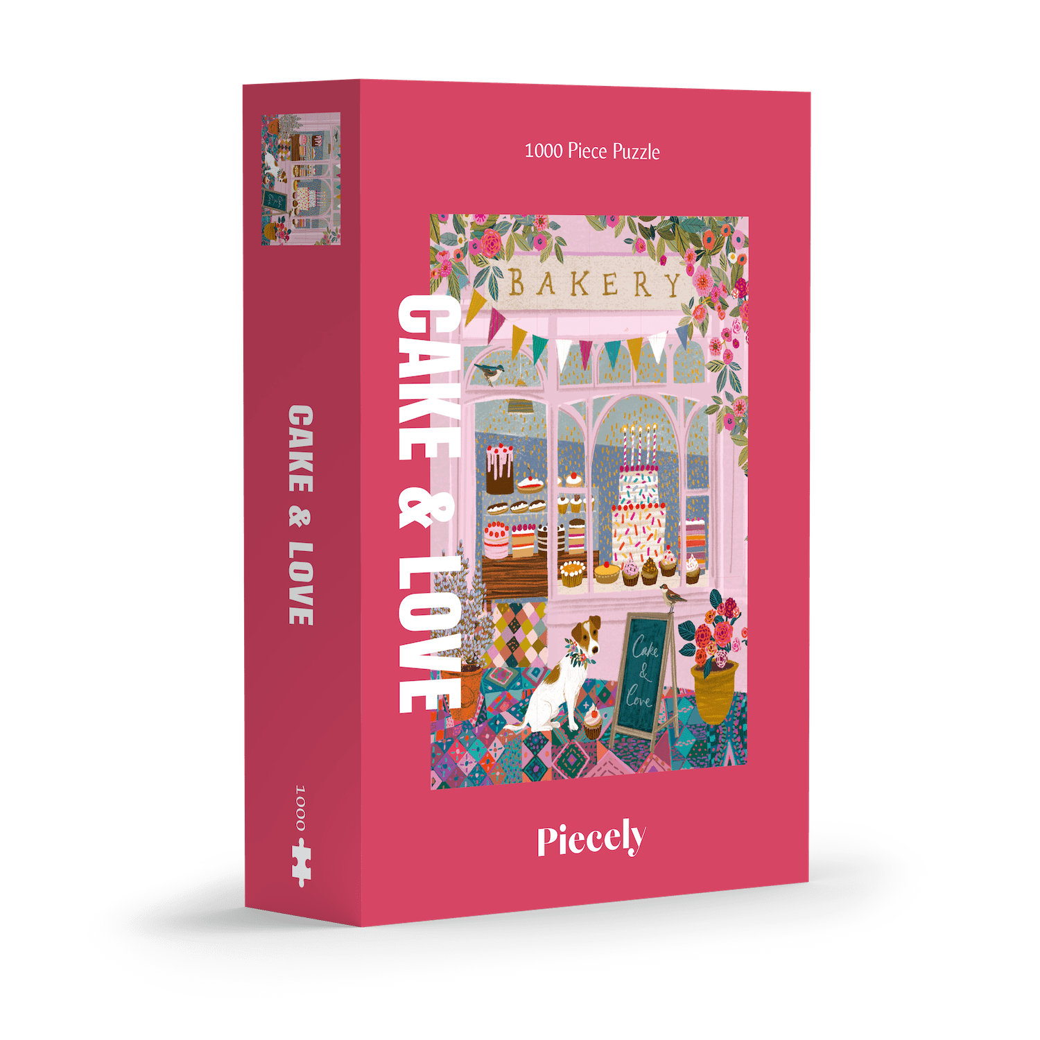 Außergewöhnliches 1000-Teile-Puzzle für Erwachsene, das eine rosa Bäckerei mit Torten, Kuchen und Cupcakes im Schaufenster und einen kleinen Hund für der Tür zeigt.