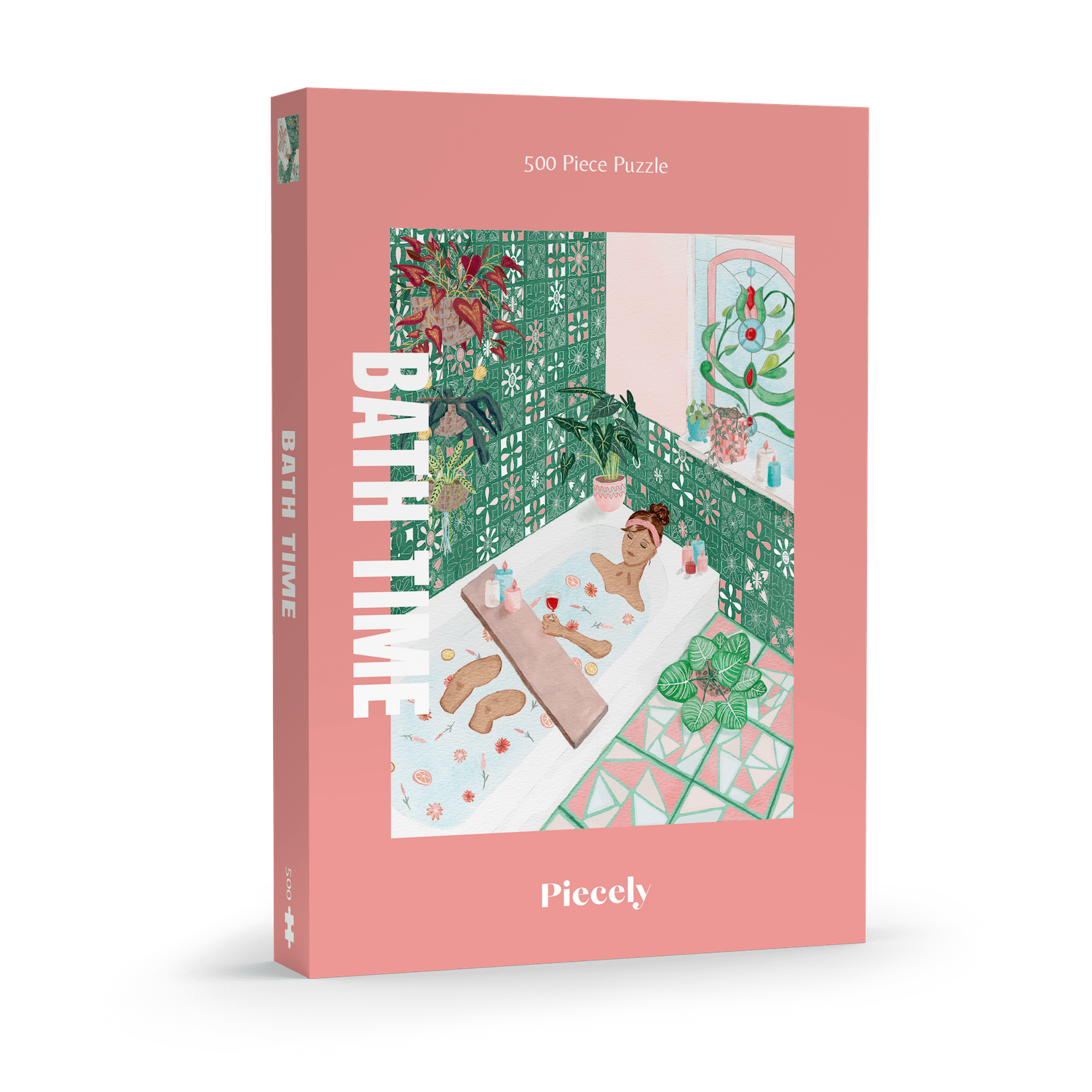 Die Verpackung des 500-teiligen Puzzles „Bath Time“ von Piecely zeigt eine rosa Box mit einer gemütlichen Szene in der Mitte: Eine Frau liegt entspannt in einer Badewanne mit Schaum und Blüten. Um sie herum stehen Kerzen, Pflanzen und Pflegeprodukte. Die Fliesen sind grün mit weißen Mustern, daneben ein Fenster mit Blick auf weitere Pflanzen. Der Titel „BATH TIME“ steht vertikal in Weiß am linken Rand der Vorderseite.