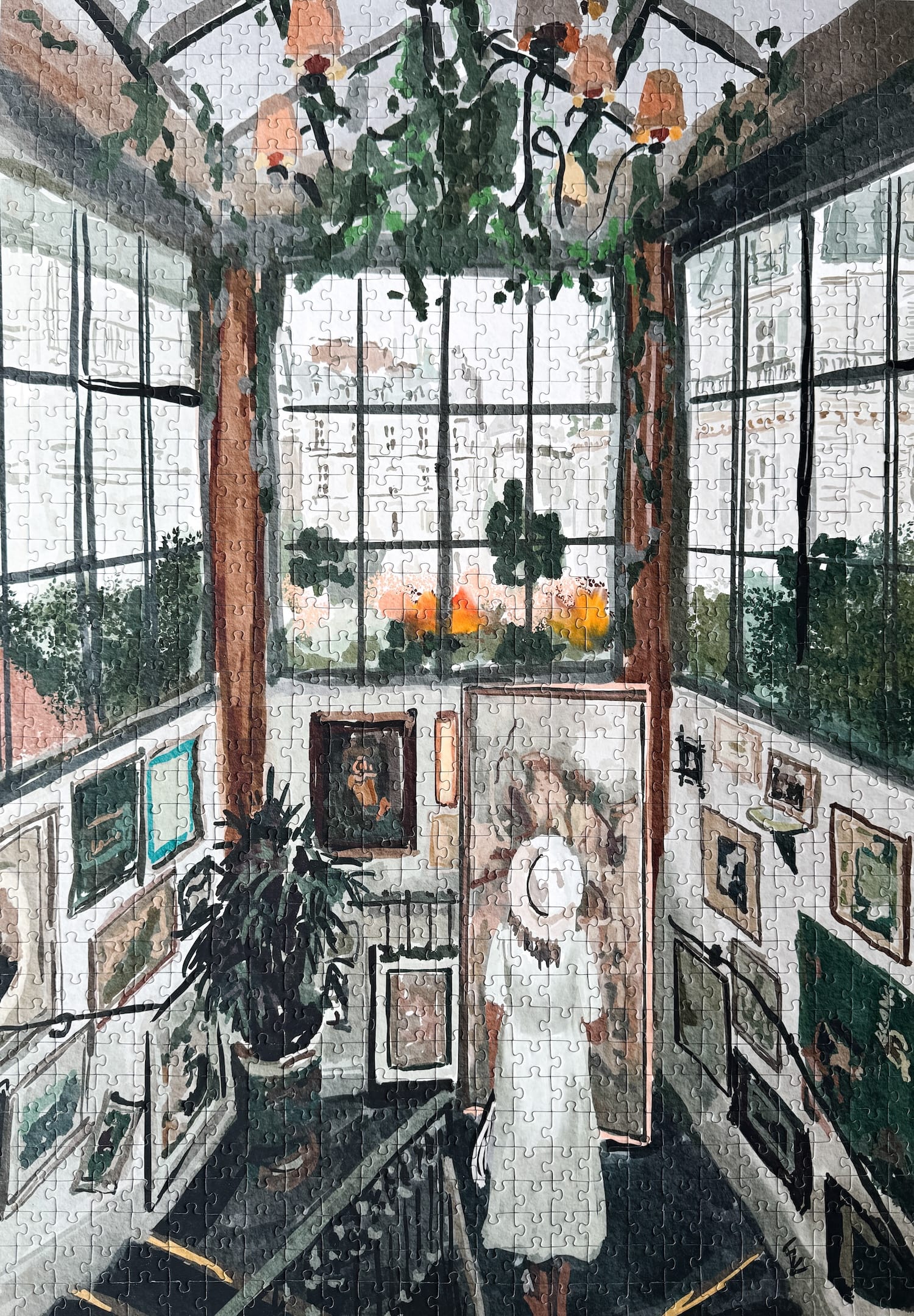 1000-Teiliges Puzzle, das eine Frau zeigt, die die Bildergalerie des Big Mamma Restaurants in Paris betrachtet.