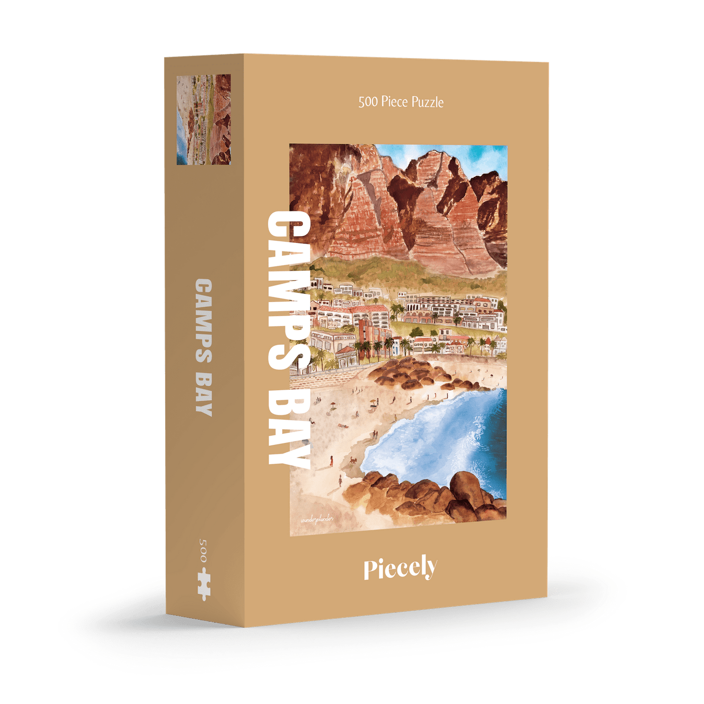 500-teiliges Puzzle für Erwachsene, das die Strandpromenade des Kapstädter Viertels Camps Bay zeigt. Im Vordergrund sind man Sandstrand und blaues Meer und im Hintergrund Häuserketten und die Berge.