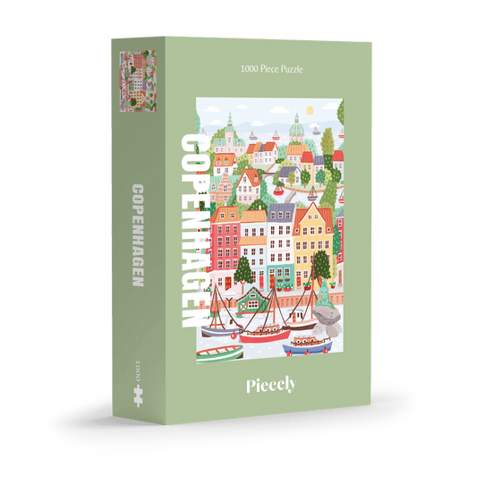 1000-teiliges Puzzle für Erwachsene, das die bunten Häuser, Kanäle und Schiffe Kopenhagens zeigt. 