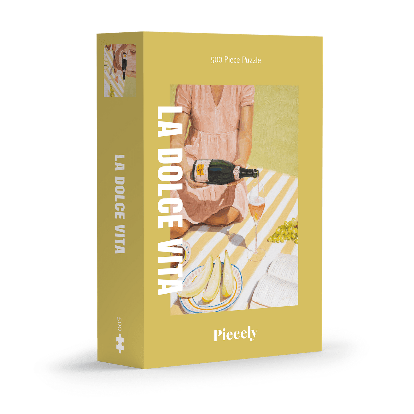 500-teiliges Puzzle für Erwachsene, das eine Frau beim Picknicken von Trauben, Feigen, Melone und Champagner zeigt. 