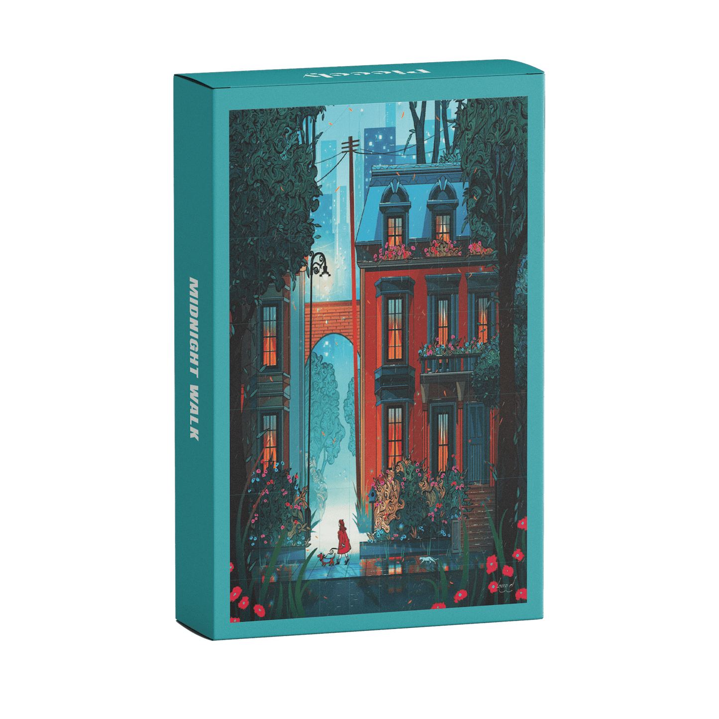 99-teiliges Minipuzzle für Erwachsene, das ein Mädchen im roten Mantel zeigt, das mit ihrem Hund durch die Straßen New Yorks Gassi geht. Es ist Nacht und die Straße ist durch die Straßenlaternen hell erleuchtet. 