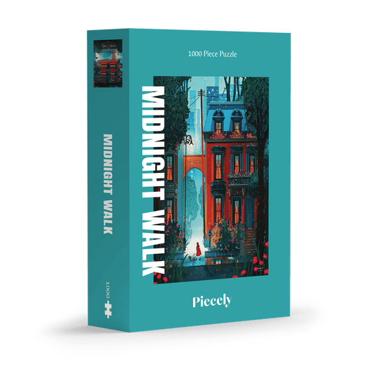 1000-teiliges Puzzle für Erwachsene, das ein Mädchen im roten Mantel zeigt, das mit ihrem Hund durch die Straßen New Yorks Gassi geht. Es ist Nacht und die Straße ist durch die Straßenlaternen hell erleuchtet. 