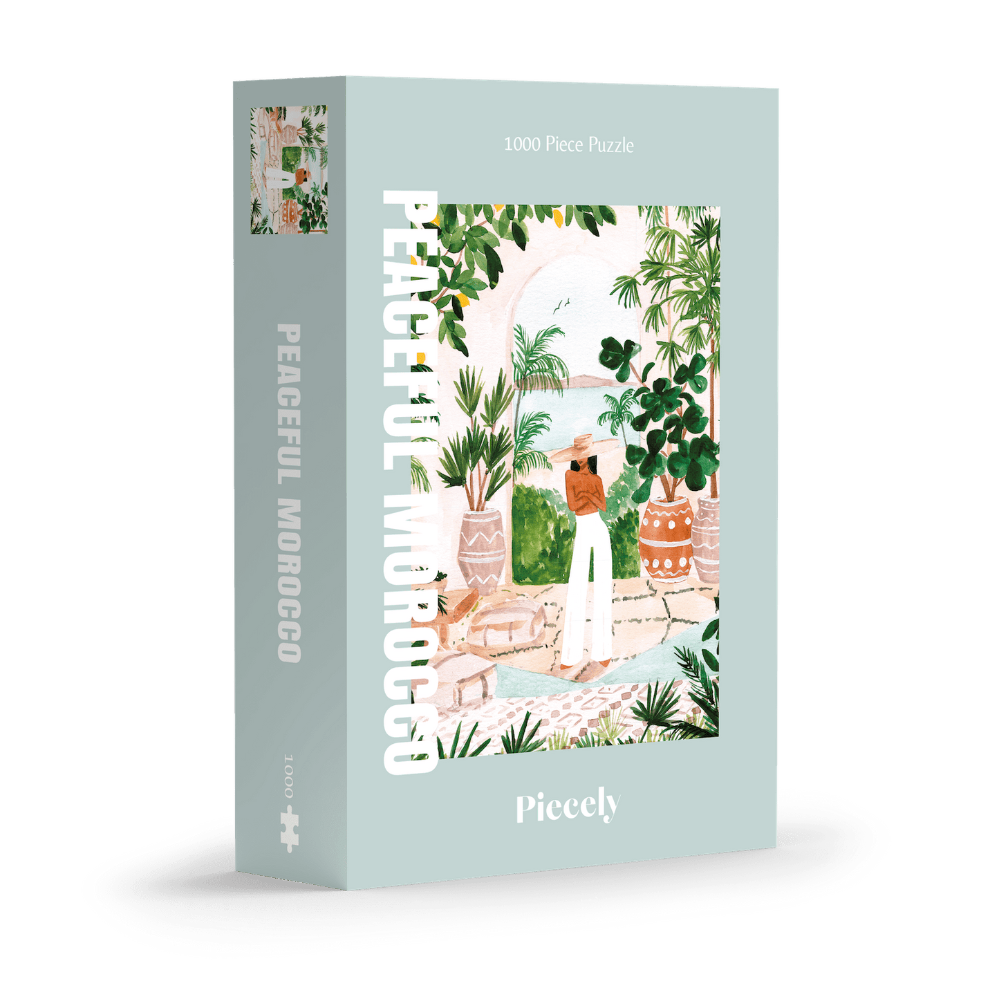 Außergewöhnliches Puzzle für Erwachsene mit einer Illustration von einer Frau in Marokko umgeben von Meer, tropischen Pflanzen und Zitronen.