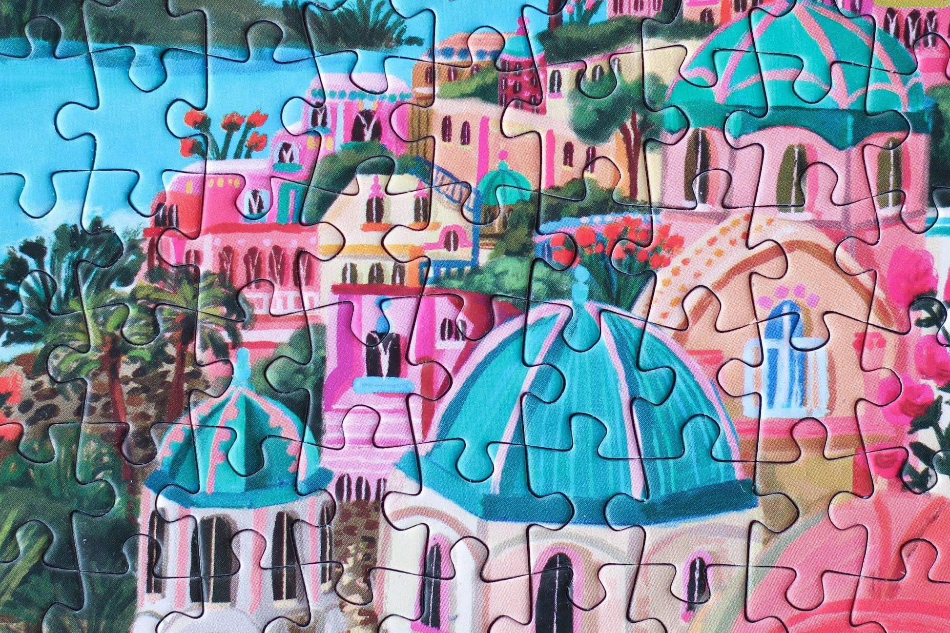 99-teiliges Minipuzzle für Erwachsene, das den griechischen Ort Santorini bei Sonnenuntergang zeigt.