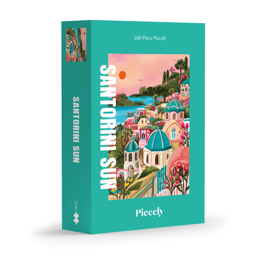 500-teiliges Puzzle für Erwachsene, das den griechischen Ort Santorini bei Sonnenuntergang zeigt.