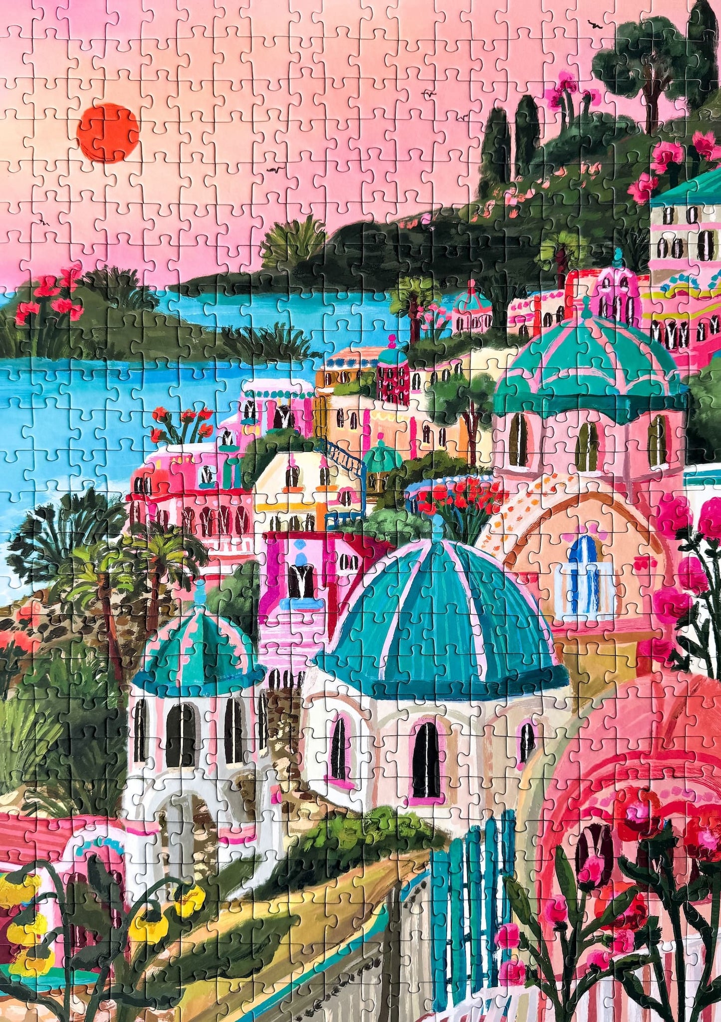 500-teiliges Puzzle für Erwachsene, das den griechischen Ort Santorini bei Sonnenuntergang zeigt.