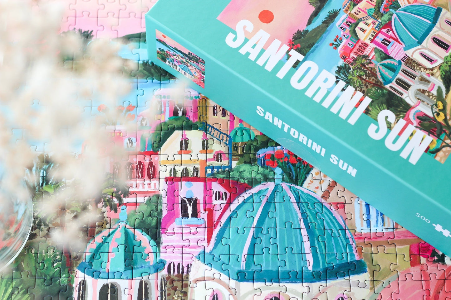 500-teiliges Puzzle für Erwachsene, das den griechischen Ort Santorini bei Sonnenuntergang zeigt.