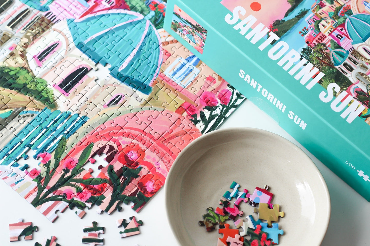 500-teiliges Puzzle für Erwachsene, das den griechischen Ort Santorini bei Sonnenuntergang zeigt.