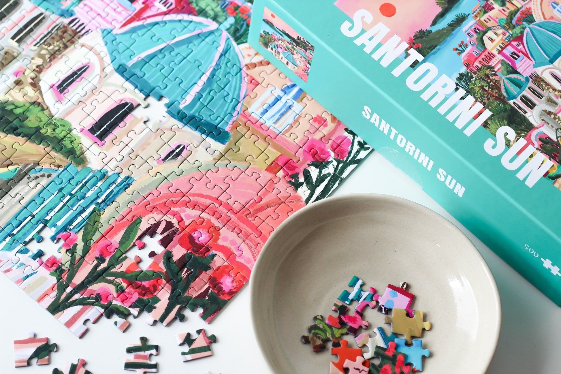 500-teiliges Puzzle für Erwachsene, das den griechischen Ort Santorini bei Sonnenuntergang zeigt.