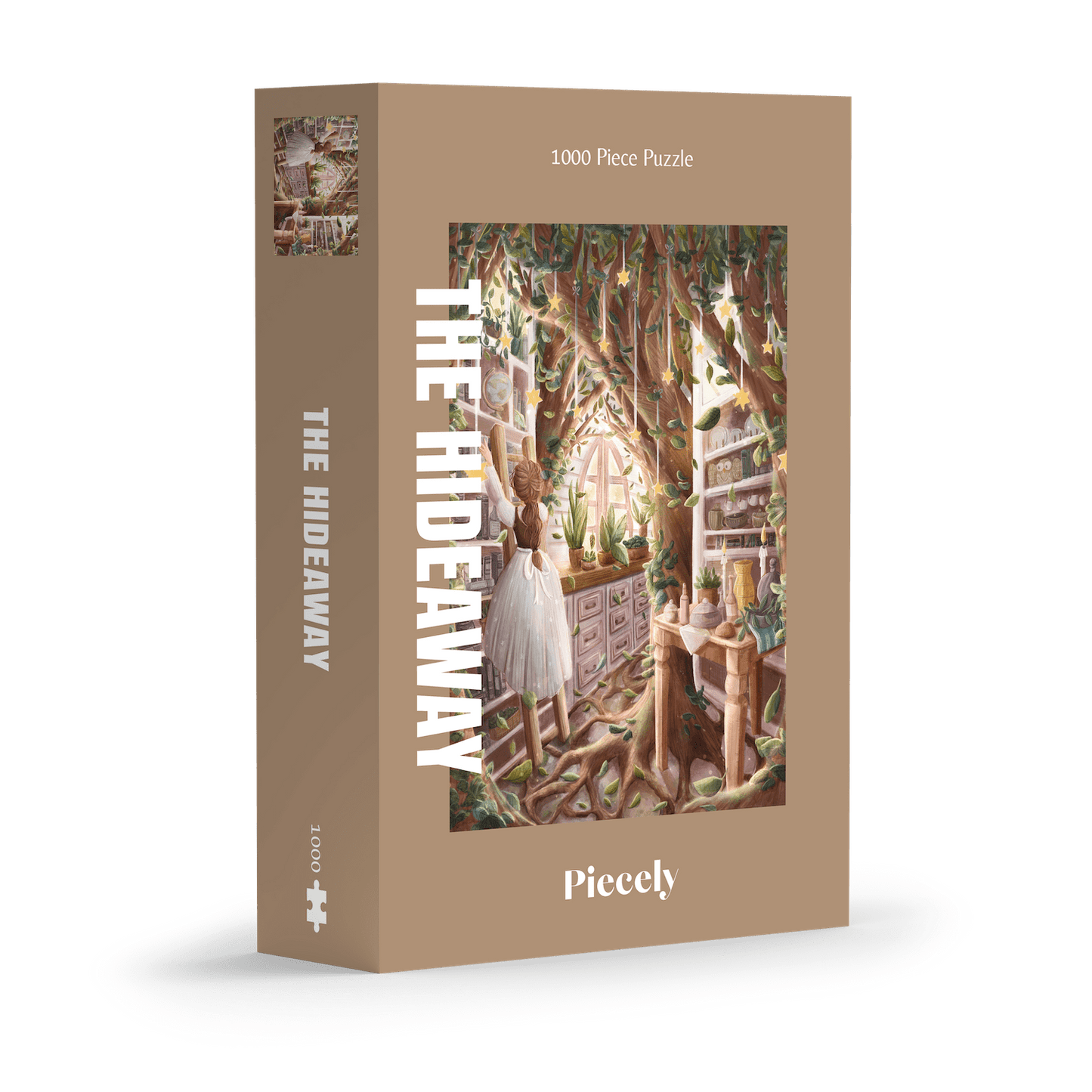 1000-teiliges Puzzle für Erwachsene, das eine Frau auf einer Leiter in einer verwunschenen Küche zeigt. Mitten in der Küche wächst ein Baum und die Regale sind gefüllt mit Büchern, Porzellan und Pflanzen.