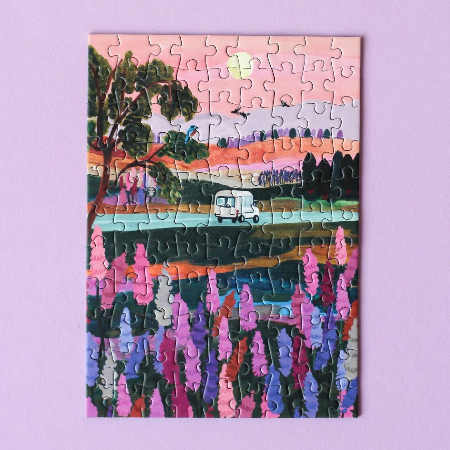 Plastikfreies Minipuzzle für Erwachsene, das einen Van zeigt, der durch die herbstliche Landschafts Neuseelands fährt.