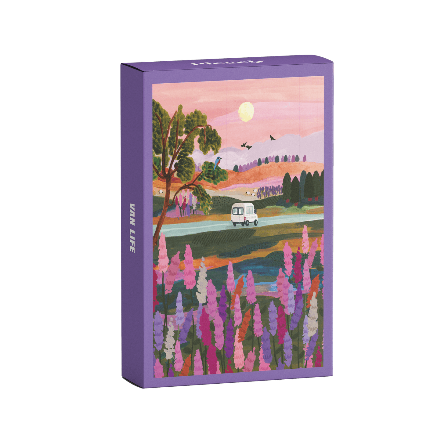 Plastikfreies Minipuzzle für Erwachsene, das einen Van zeigt, der durch die herbstliche Landschafts Neuseelands fährt.