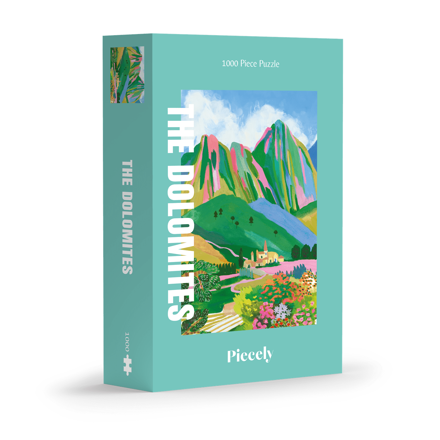1000-Teile-Puzzle „The Dolomites“ von Piecely – Illustration einer farbenfrohen Berglandschaft in den Dolomiten mit Dorf und Blumen, auf türkisfarbener Verpackung.